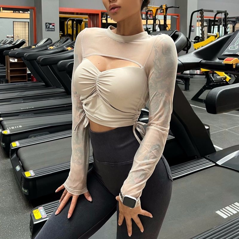 

Europe and America Cross Border Sexy Sports Workout Long Sleeve Women s Mesh See-through Yoga Dance Top Casual Outer Wear with Chest Pad Sand gray S