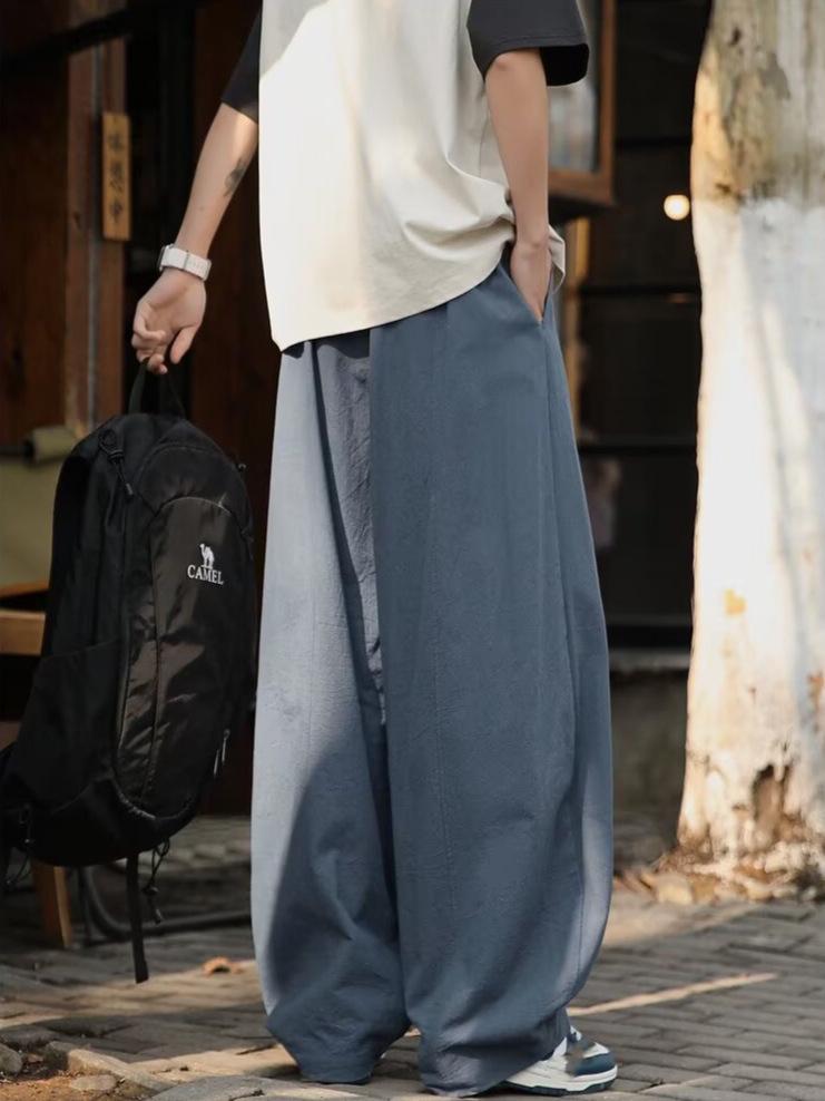 Japanese-Style Curved Blade Wide-Leg Trousers for Men, Spring/Autumn Season, Plus Size, Loose Fit, Straight Leg