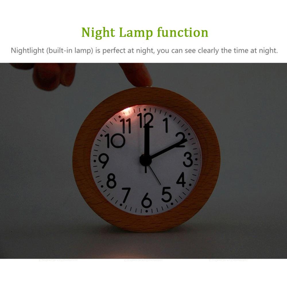 Wooden Clock Snooze Bedside Kids Alarm Circular Needle Backlight Desktop Clock Silent Wood No Ticking