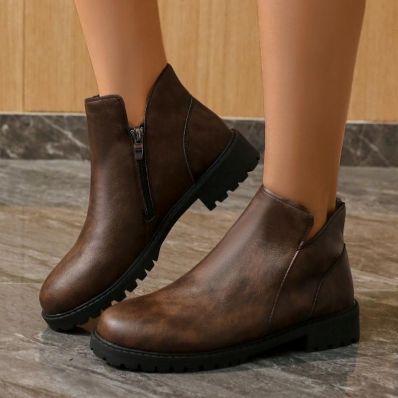 European andAmerican Foreign Trade Low-heeled Round-head Short Martin Boots Women's Autumn New Large-size British-style Thin Side Zipper Leather Boots