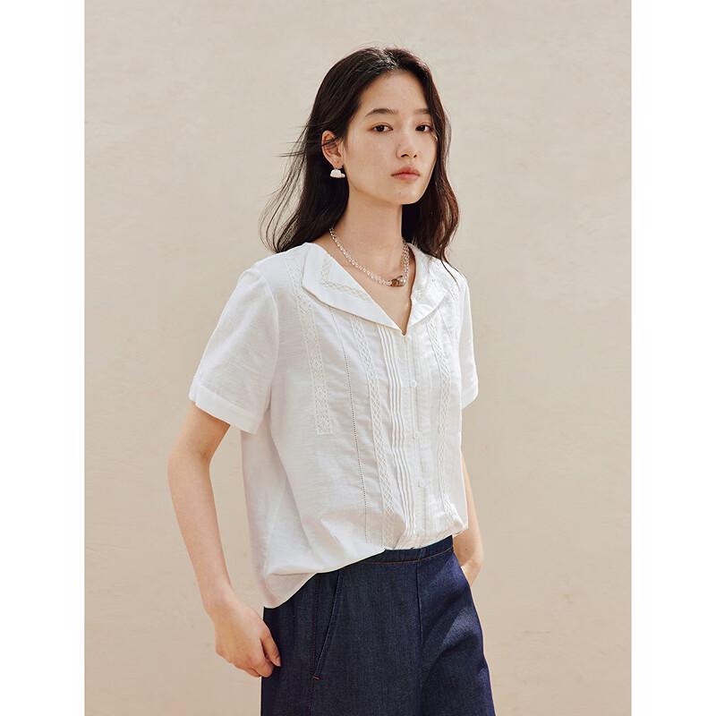 INMAN Women's Linen-Cotton Lace Splice Shirt
