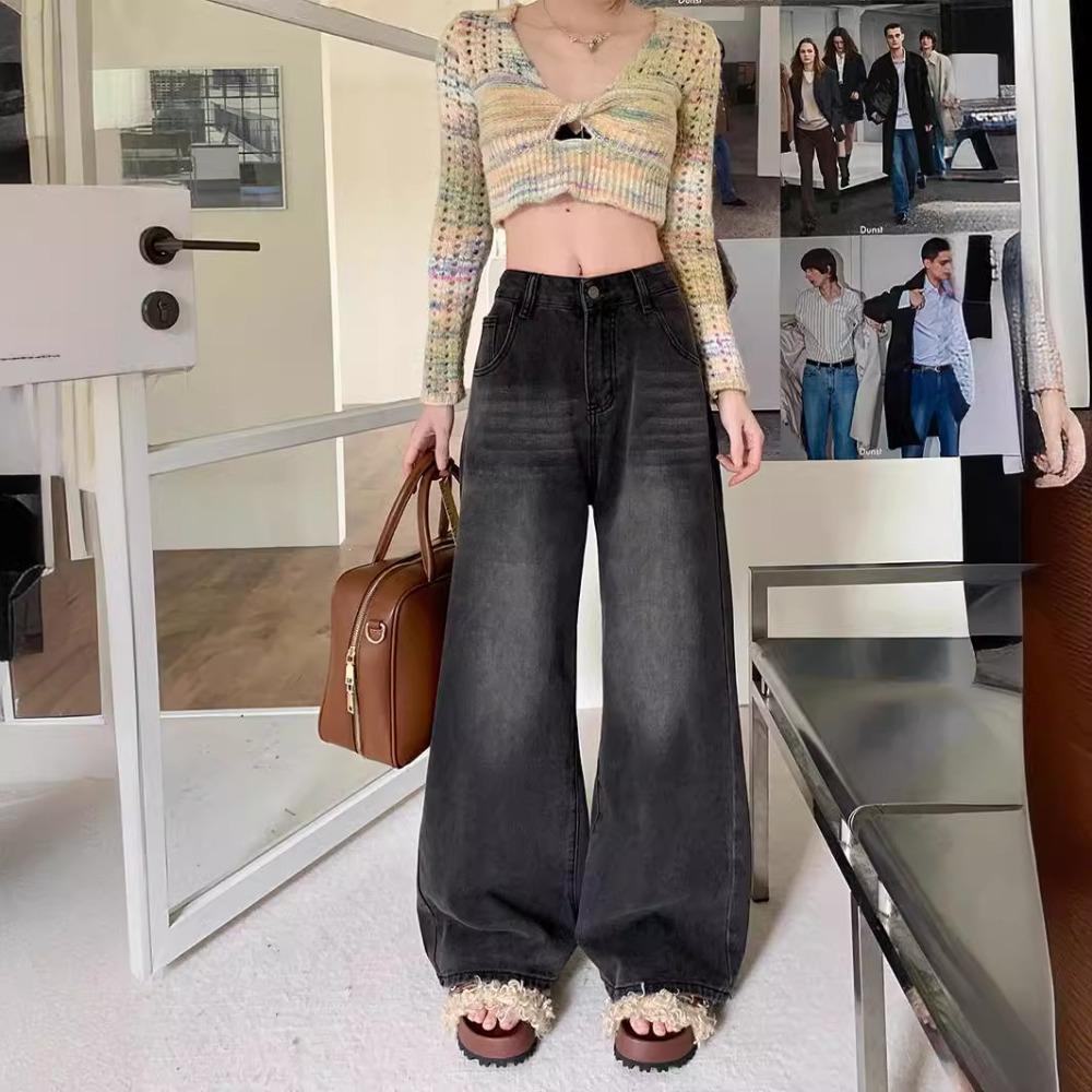 Women's High Waist Straight Leg Jeans Loose Wide Leg Pants Vintage Black Stretch Plus Size Floor Trousers