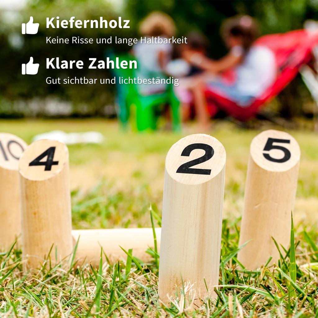 Gioco Molkky, Gioco di Lancio di Birilli in Legno con 12 Birilli, 1 Bastone da Lancio e Scatola da Trasporto, Giochi da Esterno per Adulti, Giardino, Picnic, Spiaggia, Festa