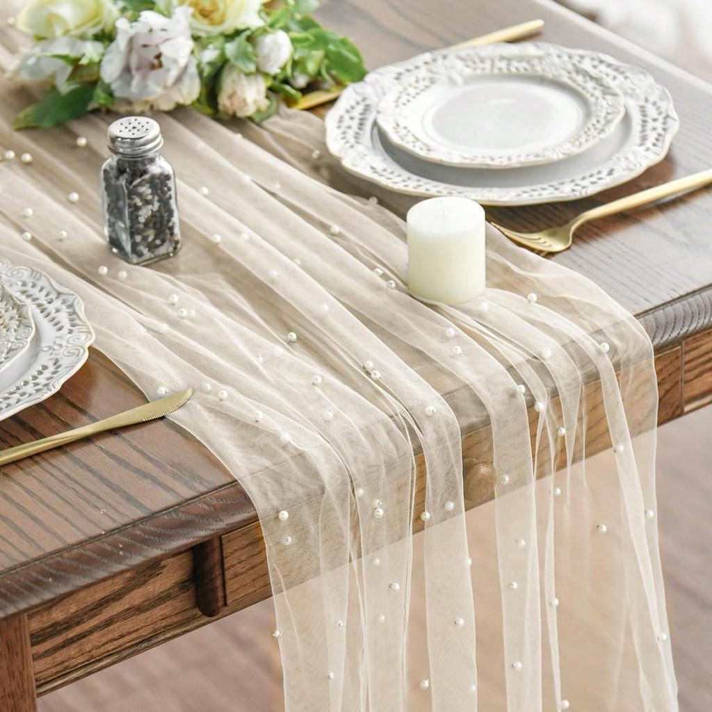 Luxurious Pearl Tulle Table Runner, 120 Inches Seasonal Tulle Table Decoration Suitable For Holidays Weddings  Birthdays  Family Gatherings.