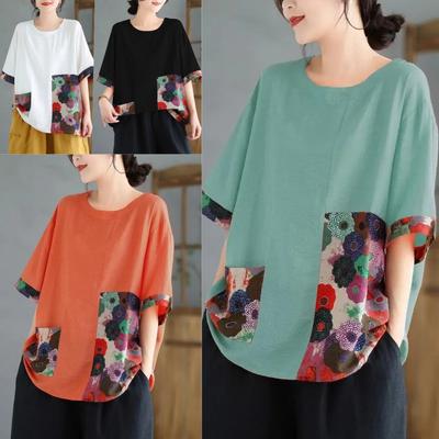 Sommer Retro Mode Locker Geschnitten Übergröße Halbarm Rundhals Patchwork Kontrastierend Bedruckt Damen T-Shirt Tops