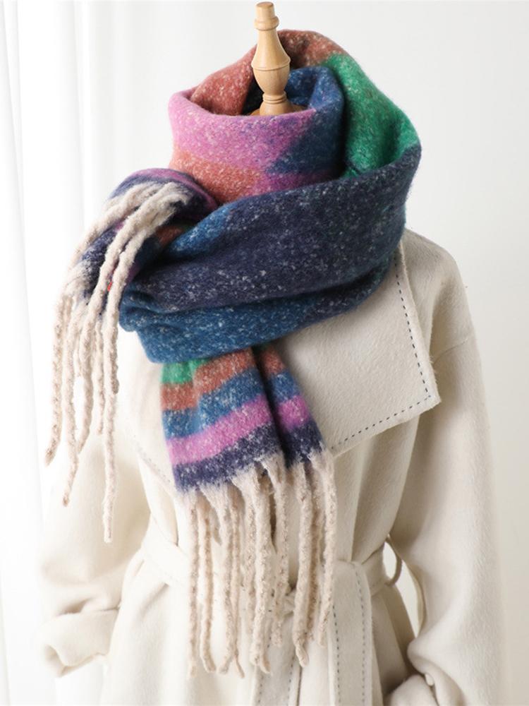 Damen Winter Gestrickter Schal Kopftuch Dame Herren Freizeit Gestreift Regenbogen Muster Quaste Warm Weich Schal Mujer Foulard Wickeltuch Schal Neu