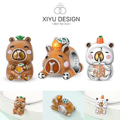 Cute Pet Series Capybara Couples Charms Eat Fruit Beads Fit Diy Copper Bracelet Necklace Women Anniversary Jewelry Gift