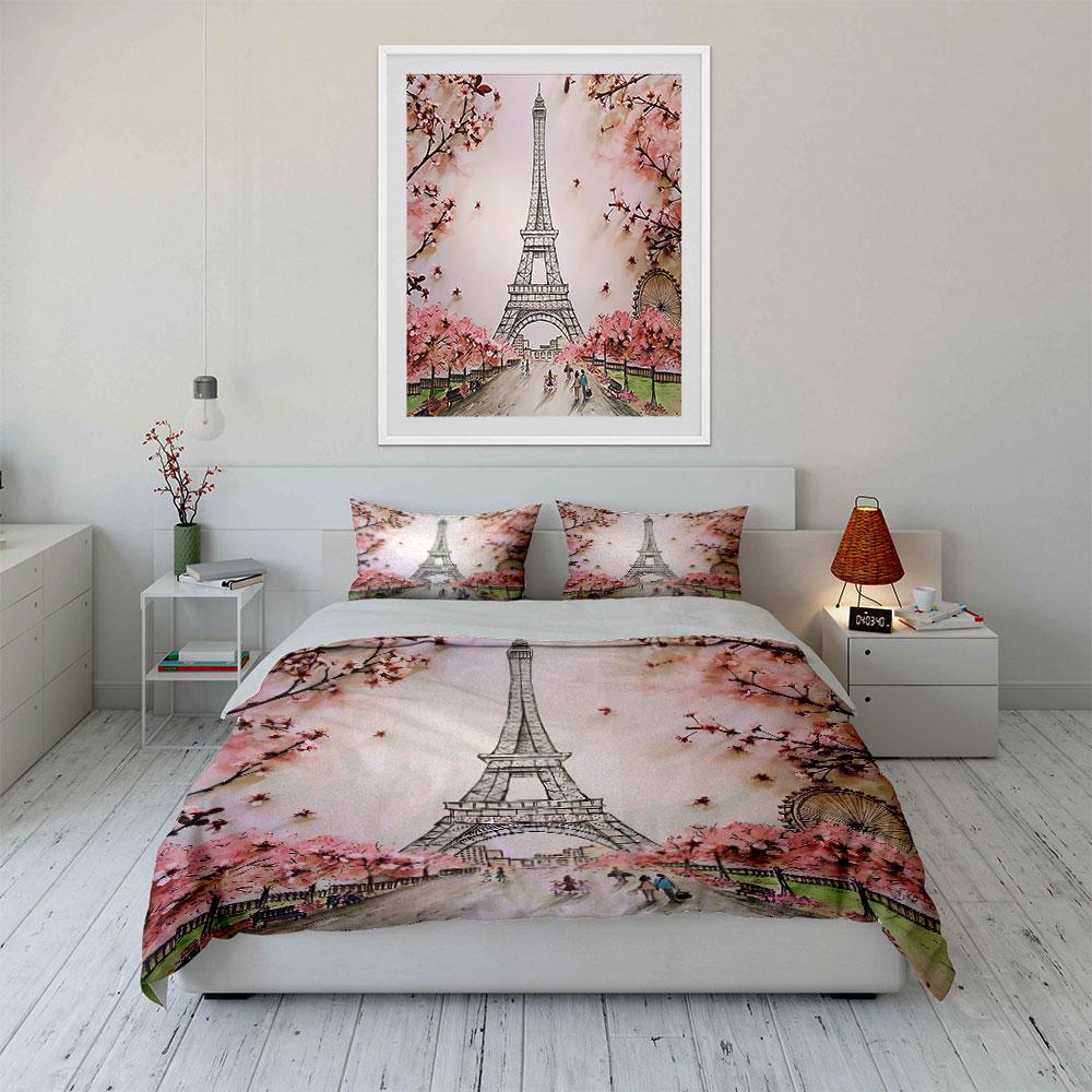 Eiffel Tower with Cherry Blossoms Bedding Duvet Cover Set Duvet Cover Pillowcases (1*Duvet Cover 2*Pillowcases, without duvet insert)