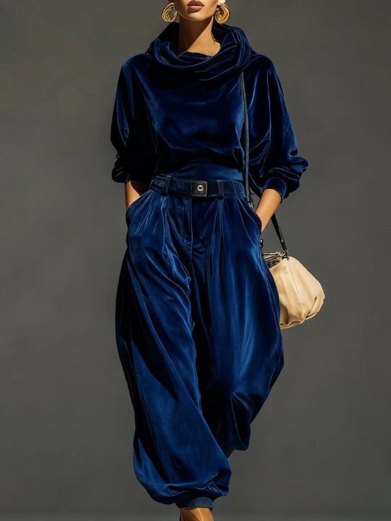 New Velvet Hooded Long Sleeve Wide Leg Pants Casual Set for Women