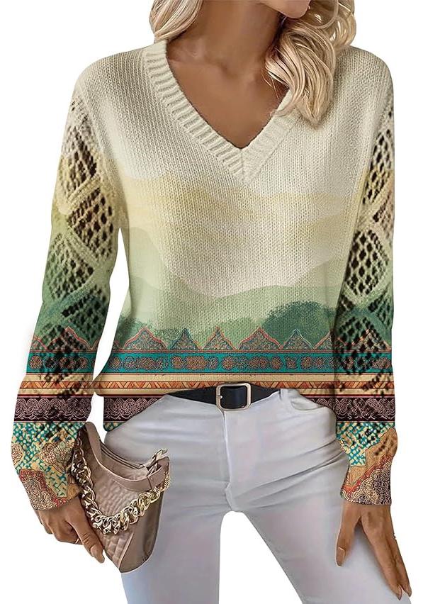 V-Neck Eyelet Print Sweater - Style HS-LY52