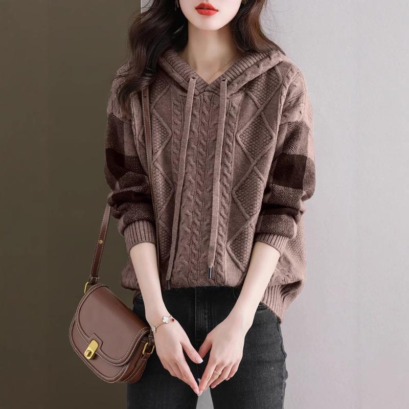 Sweater women's autumn and winter new lazy style casual hooded loose knitted sweater long-sleeved top bottoming shirt