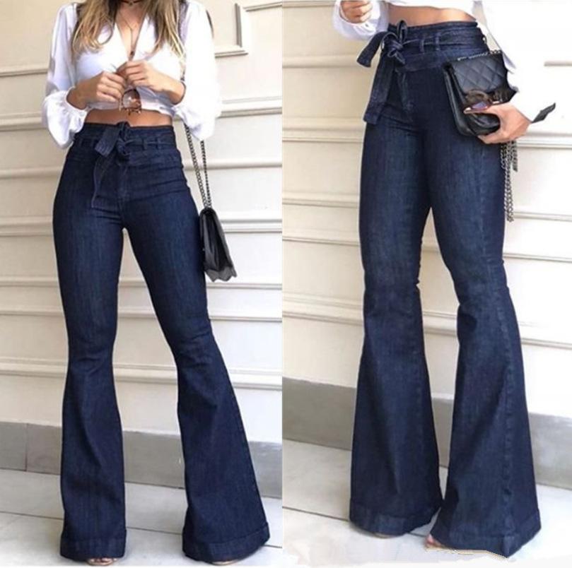 Women's High Waist Flare Jeans Slim Fit Bell Bottom Jeans Stretch Denim Pants With Tie Detail Elegant Casual Trousers