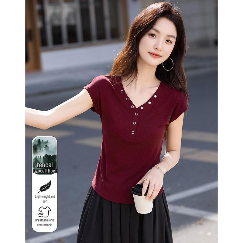 Women s Elegant V-Neck Short Sleeve Lyocell Blend T-Shirt M