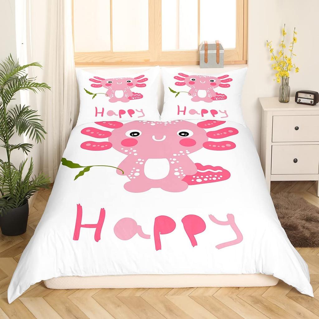 Cute Axolotl Duvet Cover Set Full Size Cartoon Salamander Bedding Set Kawaii Animals Comforter Cover Constellation Black Decor