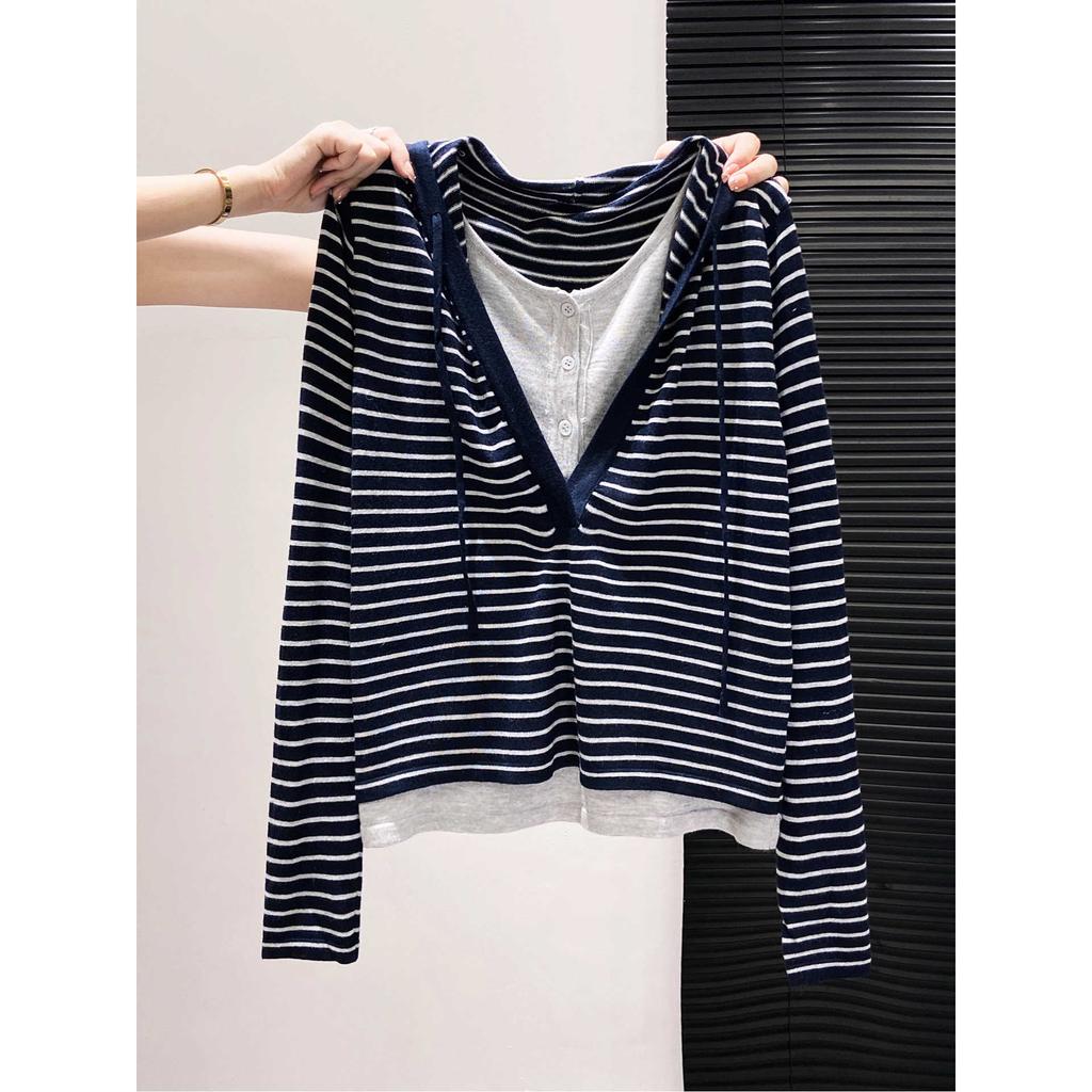 Hooded fake two-piece wool knitted sweater women's autumn and winter new niche contrasting stripes long-sleeved bottom top