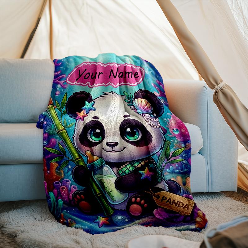 1PC Custom Name Panda Underwater Adventure flannel blanket versatile,all-season throw suitable for the living room,bedroom,camping,travel,and gift