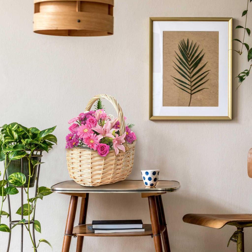 Blumenkorb Handgeflochten Mini Weidenkorb Rattan Körbe mit Griff Retro Aufbewahrungsbehälter für Hochzeit Zuhause Küche