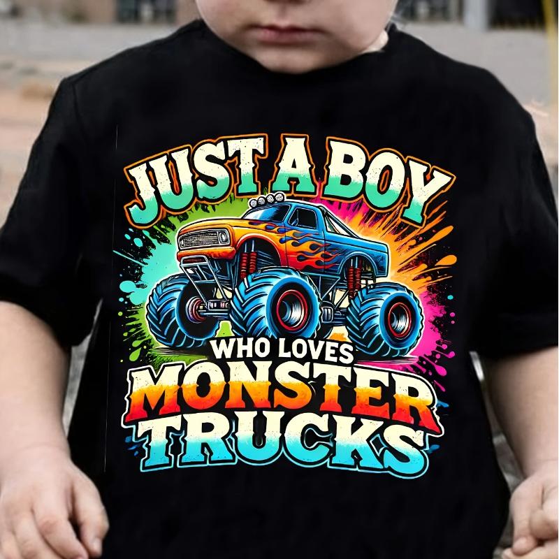 

Boy JUST A BOY WHO LOVES MONSTER TRUCKS Truck Print Casual Round Neck T-shirt 100cm чёрный