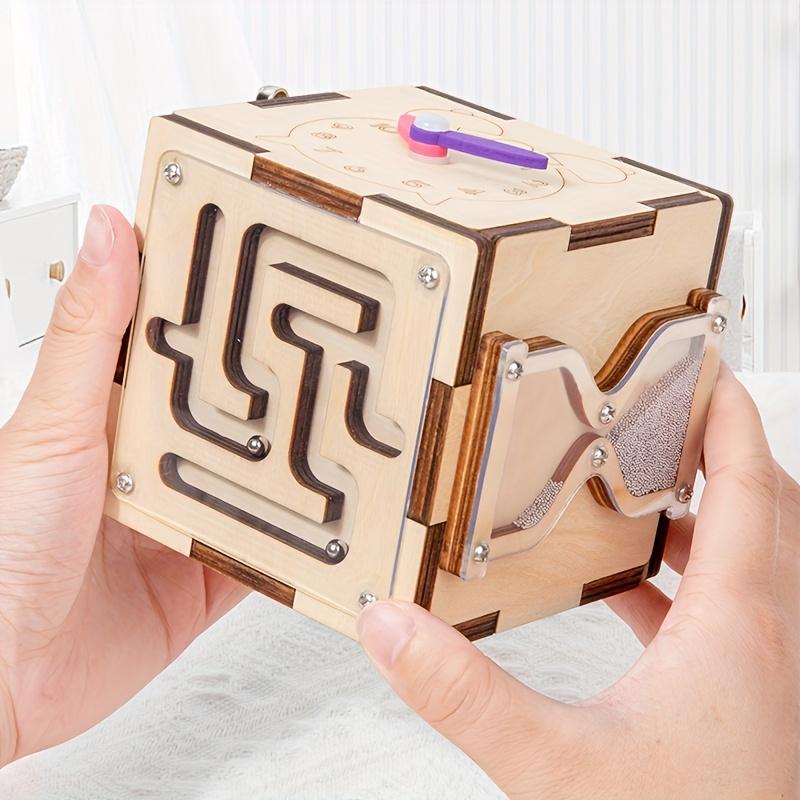 6 Sided Multifunctional Busy Box Recycled Wood Educational Toy for Youngsters 3+ Years, Hand Eye Coordination,Shape/Color Recognition Training