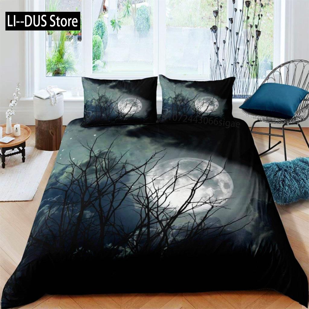 Dark Night Ocean Duvet Cover Seawater Bright Moon Sea Starry Night Sky Galaxy Reflection Comforter Cover Bedding Set Room Decor