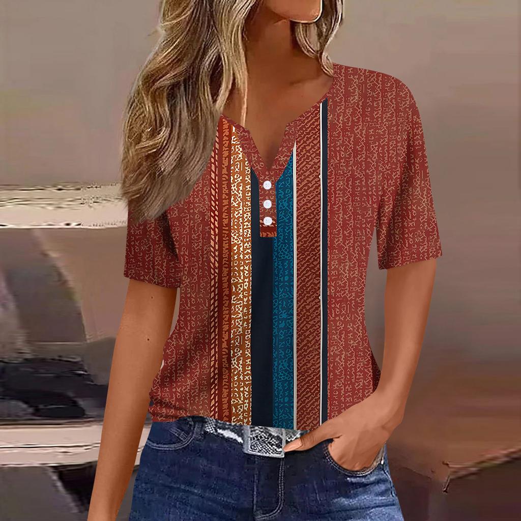 Women's T Shirt Tee Print Button Short Sleeve Daily Weekend Fashion Basic V- Neck Regular Top