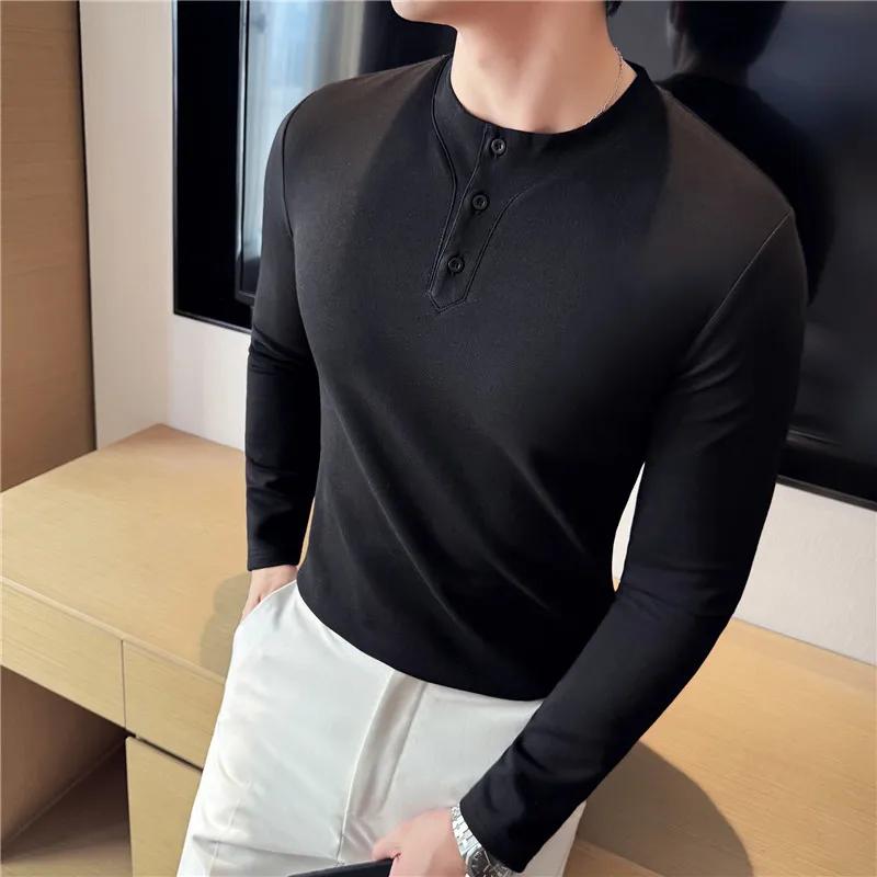 Men's T-Shirts Fashion Henry Collar Slim Fit Tshirts For Men All Match Plain Color Long Sleeve Tops Tees