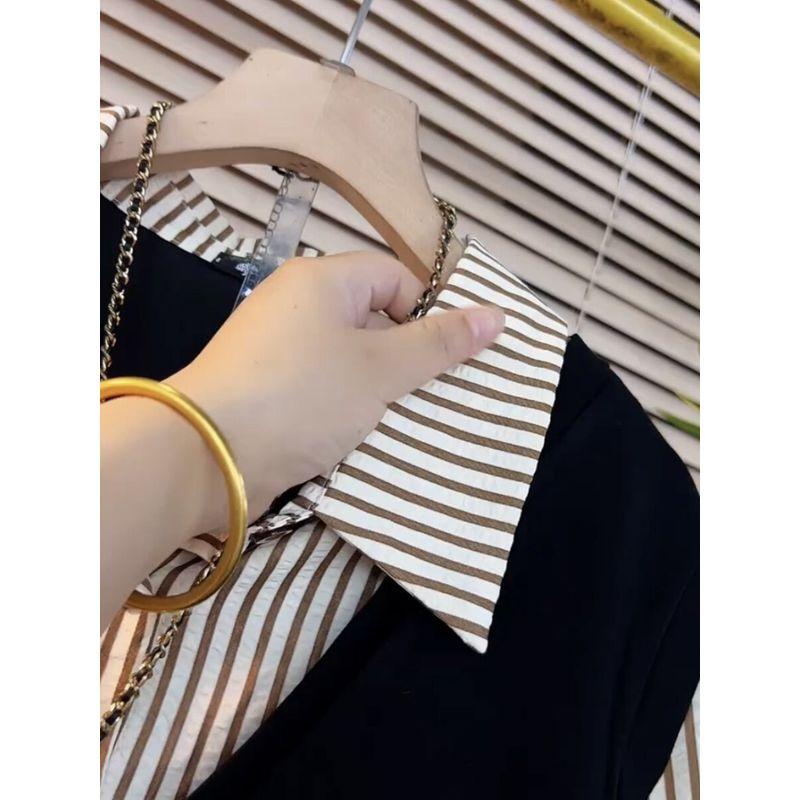 Plus Size Women's Clothing 2025 Spring Fake Two Pieces Shirts Tops Female Slim Looking Fat Sister Plus Size Ladies Unique Chic Korean Style