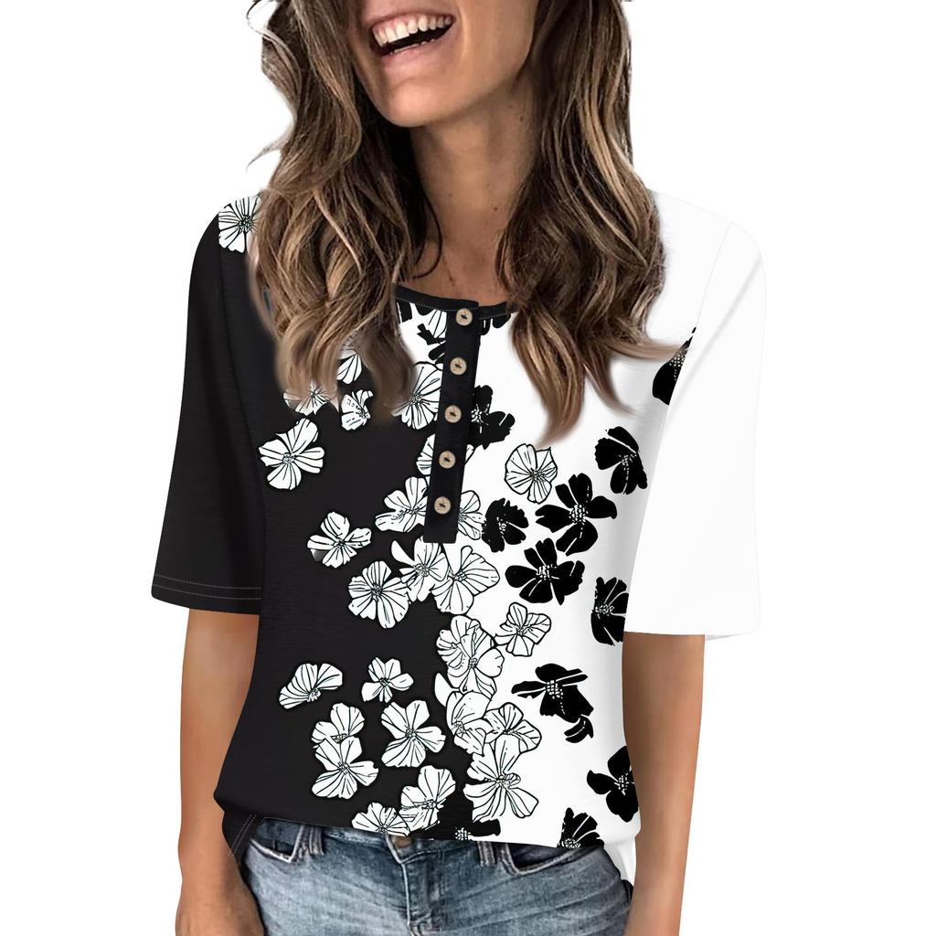 Shirts For Women Trendy Round Neck Button T Shirts Printed  Blouse Half Sleeve Tops For Women