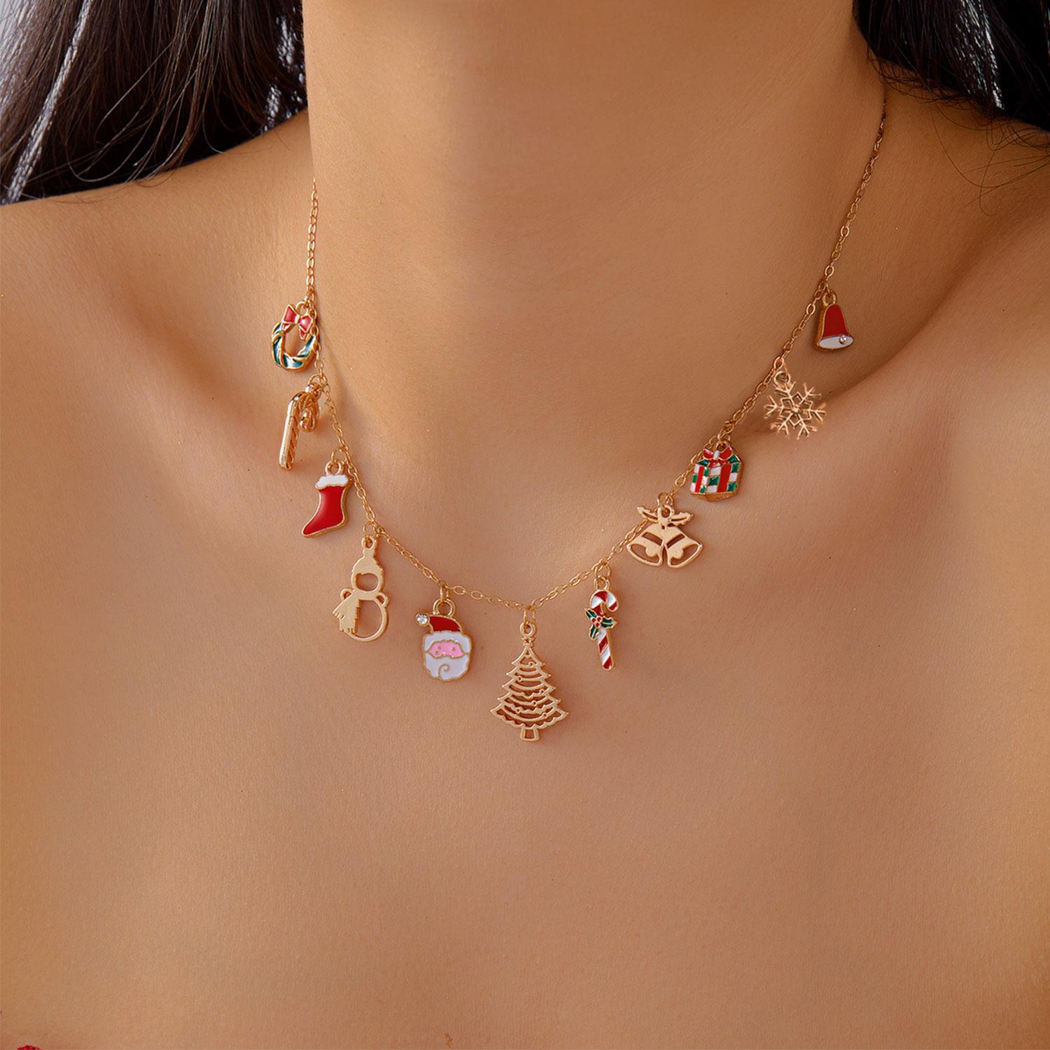 Charm Santa Claus Snowman Christmas Tree Snowflake Pendant Necklace For Women Christmas Gold Color Metal Choker Party Zircon