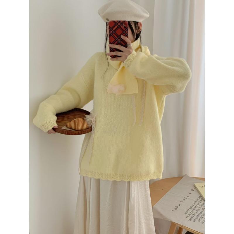 Autumn and winter new loose design scarf knitted sweater top soft waxy flower sweater pullover woman