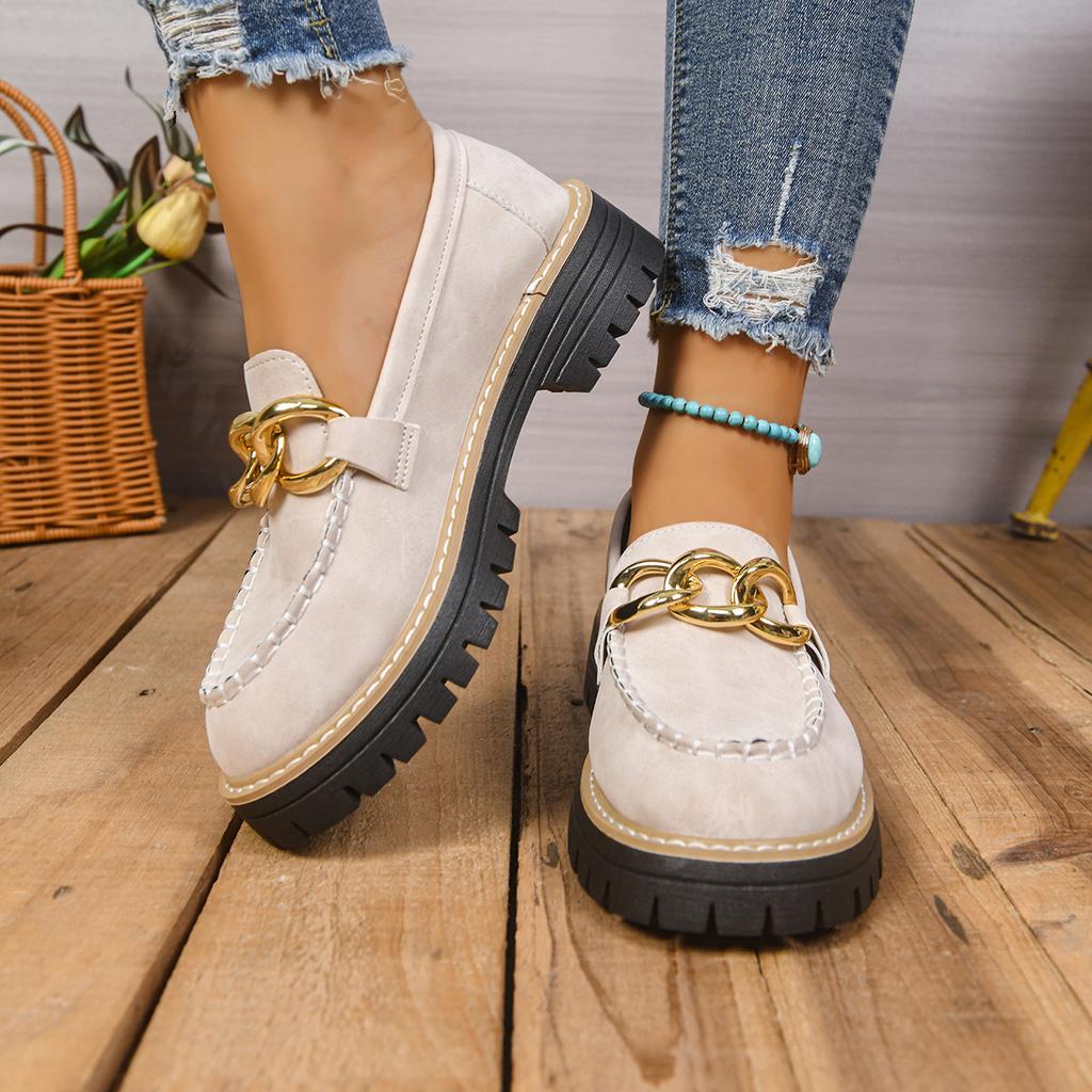 Women's Wide Width Metallic Buckle Loafers - British Style Chunky Heel Platform Flats for Fall, Casual Fashion Shoes