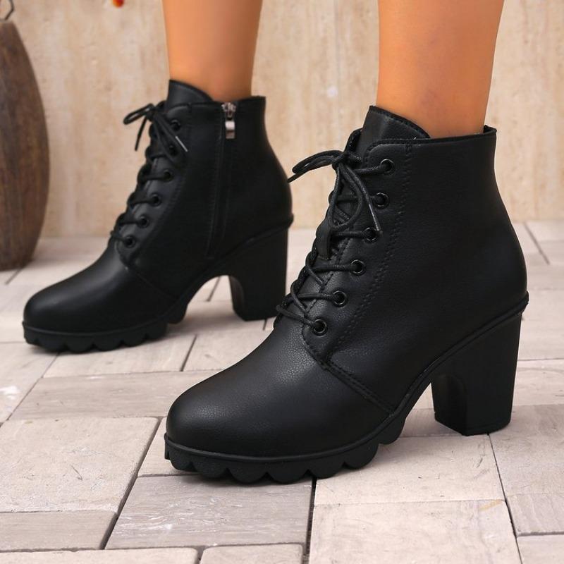 2026 Fashion Short-thigh Boots Autumn New Round Toe Lace-up Side Zipper Platform Anti-slip Wear-resistant High Heels