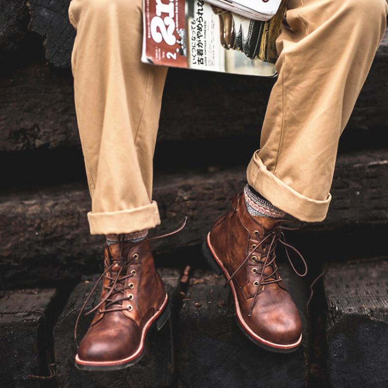 Men Retro Motorcycle Boots Lace Up Ankle Boots Casual High-top Shoes for Male Wear-resistant Desert Short Botas Zapatos Boots