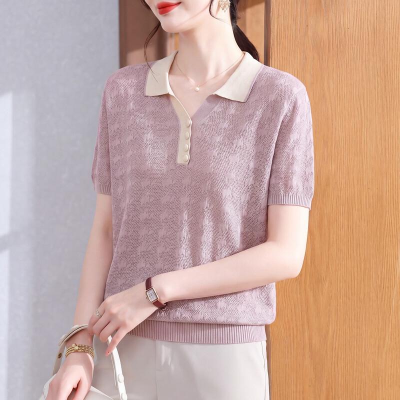Women s Summer Ice Silk Knit Lapel Top XL