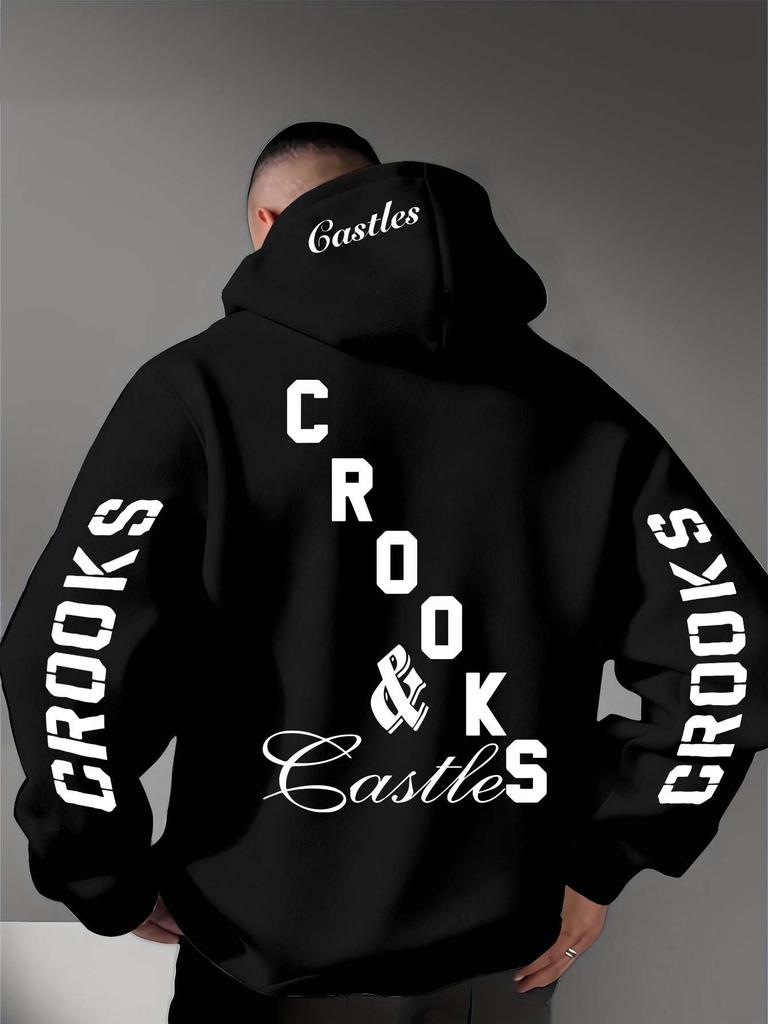 Staggered Letters Back Sleeves Same Print Hooded Sweater Loose Shoulder Men and Women Same High Street