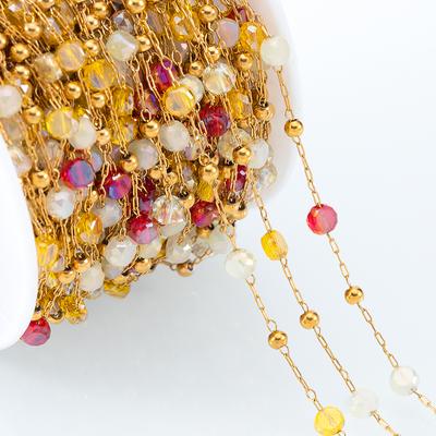 1M Stainless Steel Round Crystal Beaded Chains Gold Color Link Chain for DIY Boho Necklace Bracelet Chain Jewelry Making Materia