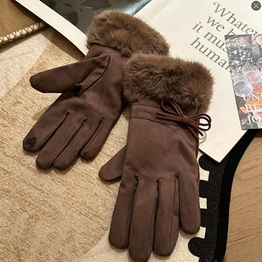 One Size Fleece Lined Gloves Bow Decoration Winter Thick Warm Gloves Faux Fur Gloves Driving
