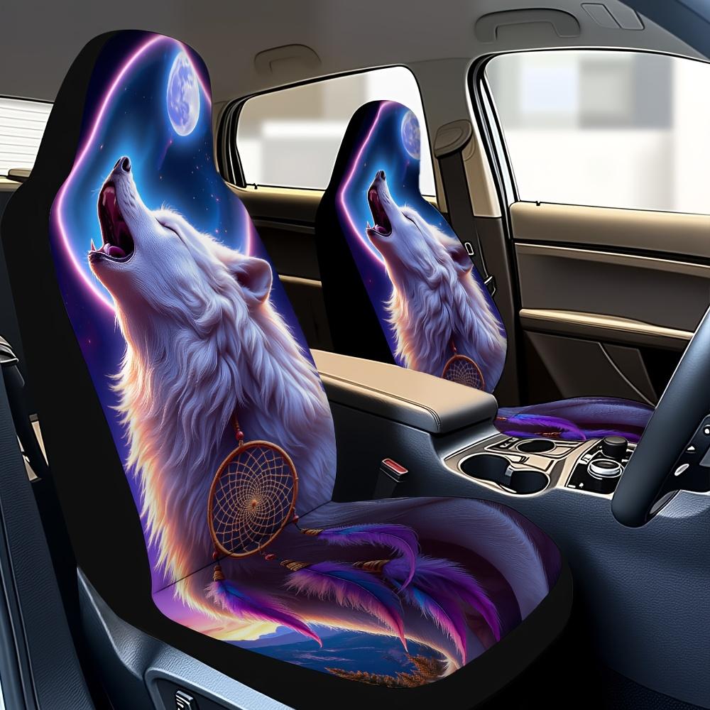 2pcs Wolf Moon Car Seat Covers - Durable Polyester, Machine Washable, Fits Most Cars, SUVs, Sedans & Trucks, Vibrant Night Scene