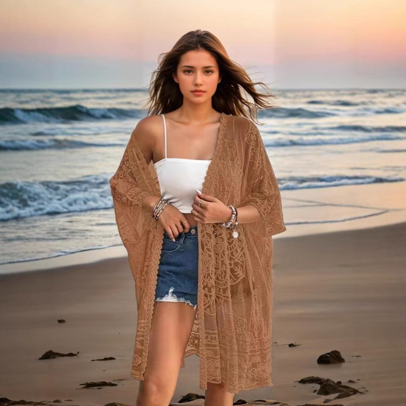Plus Size Women's Sexy See Through Lace Embroidery Cardigan Beach Bikini Sunscreen Smock