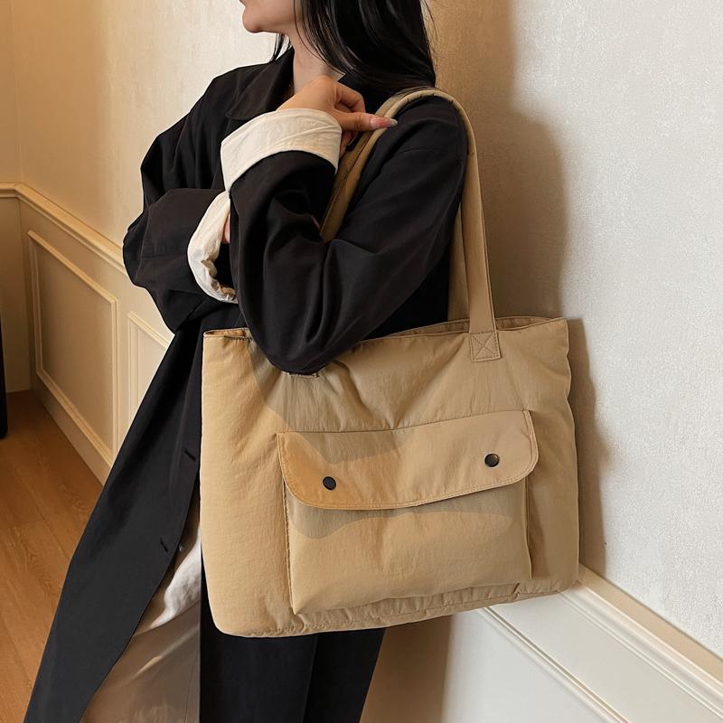 Minimalist Solid Color Tote Bag for Women – Large Capacity Shoulder Bag with Front Pocket – Perfect for Daily Use, Shopping, and School