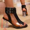 Fish Mouth Sandals Summer New Round Toe Paneled Front Zipper Studded Metal Buckle Crystal Block Heel Pumps