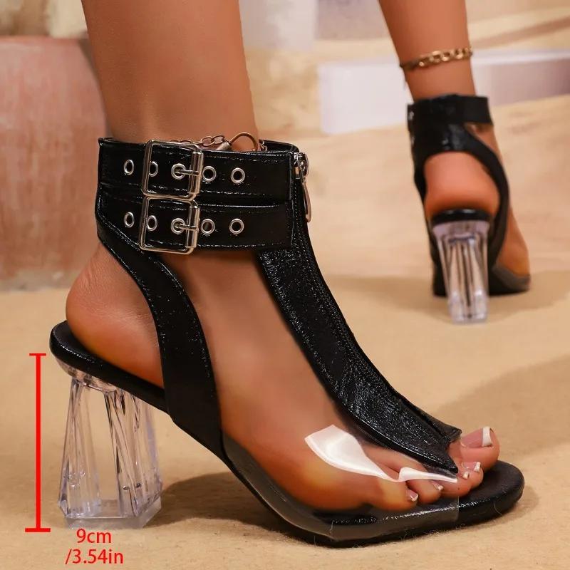 Fish Mouth Sandals Summer New Round Toe Paneled Front Zipper Studded Metal Buckle Crystal Block Heel Pumps