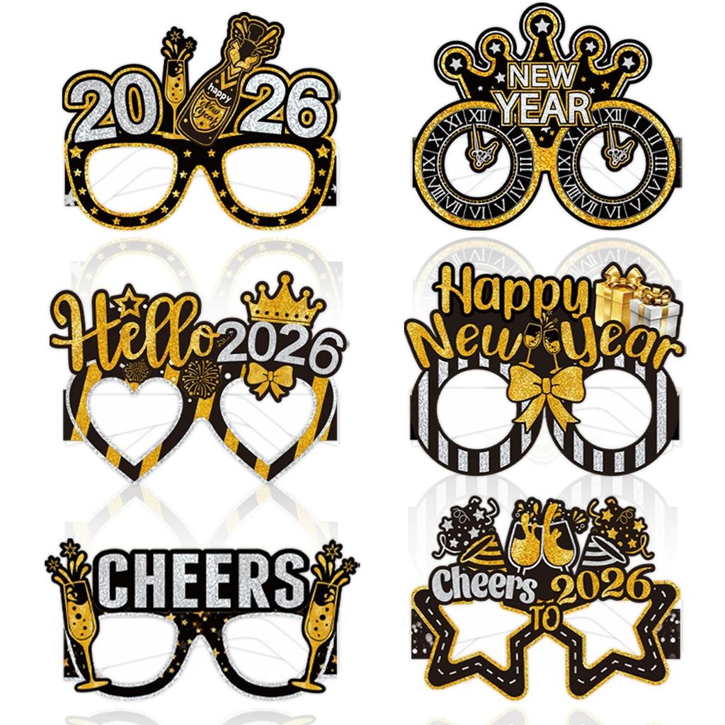 12/6pcs Happy New Year Paper Glasses 2026 Eyeglasses Frame Photo Booth Props New Year's Eve Party Decoration Christmas Supplies