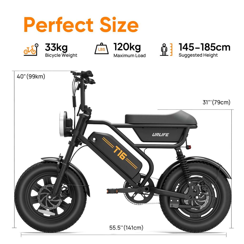 Bicicletta Elettrica URLIFE T16 45KM/H Motore 500W Batteria 48V/13AH E-Bike da Montagna per Esterni Pneumatico 16*3.0" Fuoristrada Bicicletta Elettrica