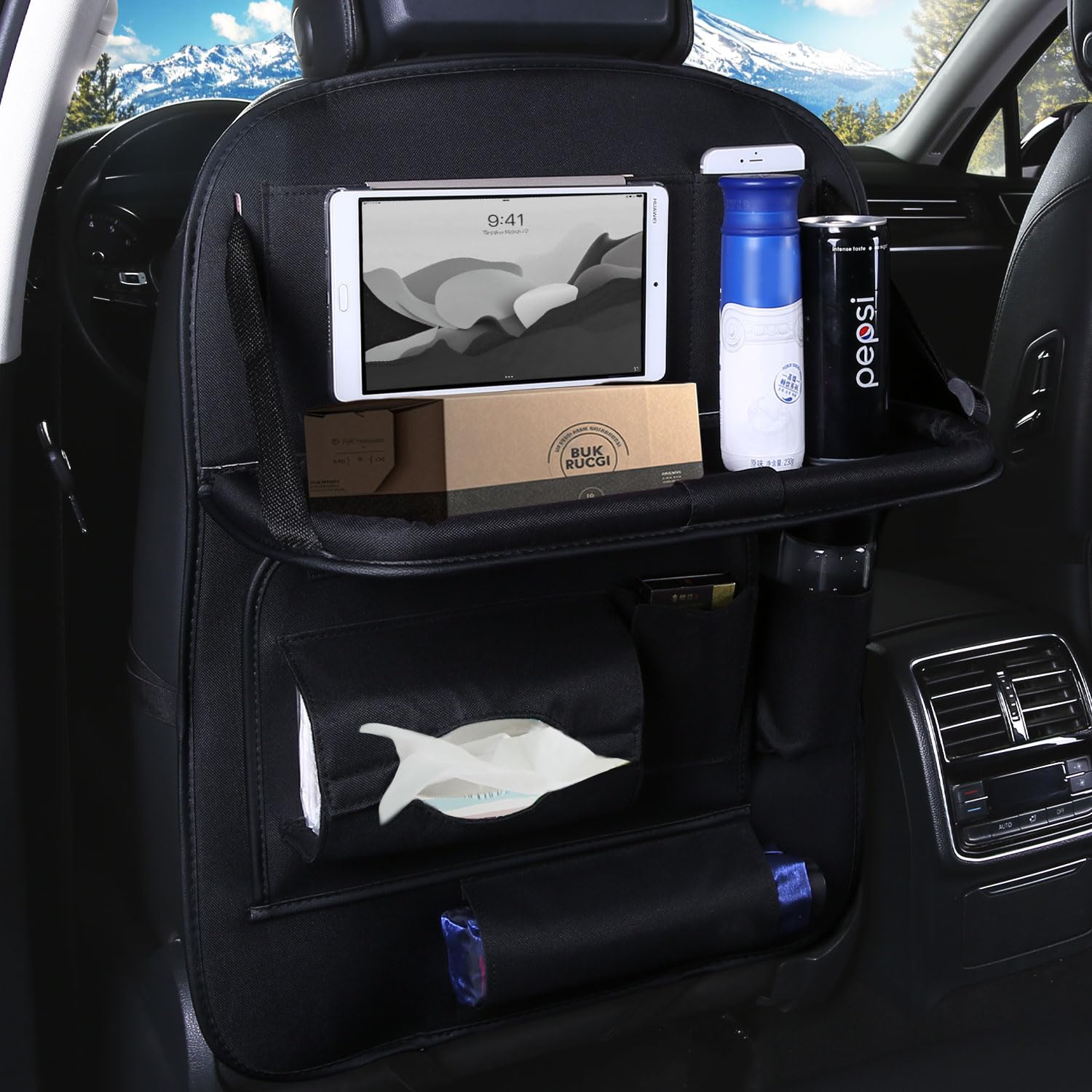 

CLEAN HOUSE Car Seatback Pocket with Table, Black, Rear Seat Storage/Trash Can