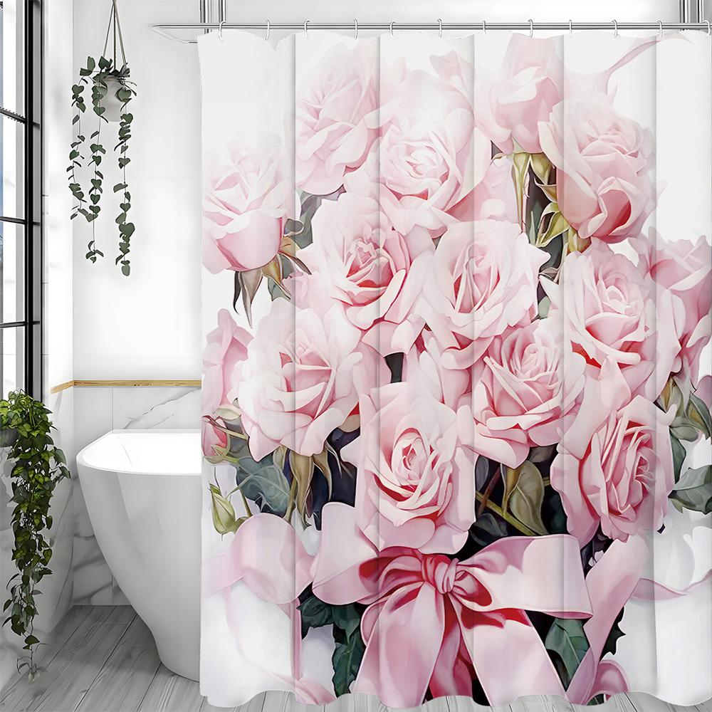 Mother's Day Pink Rose Bouquet Bow Shower Curtain, Bathroom Decorative Shower Curtain, Waterproof Shower Curtain with Hooks
