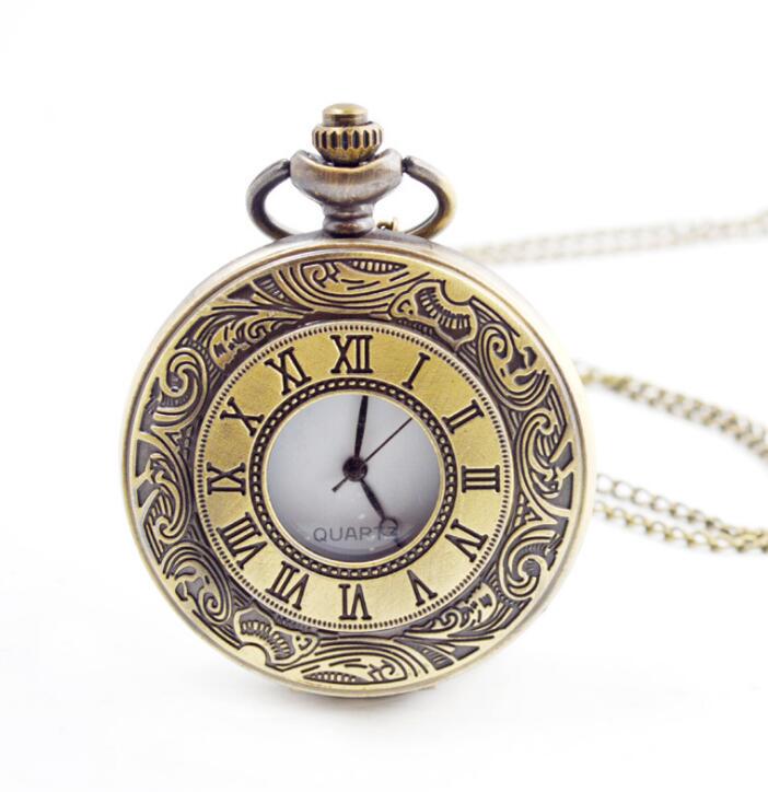 Vintage Roman Numerals Pocket Watch with Chain Hollow Case Steampunk Quartz Fob Watch