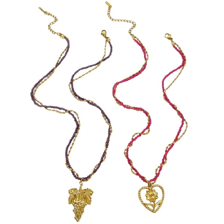 Modern Stainless Steel Necklace with Heart Flower/Grape Charm Crystal Beads Adjustable Closure Neckchain Accessory