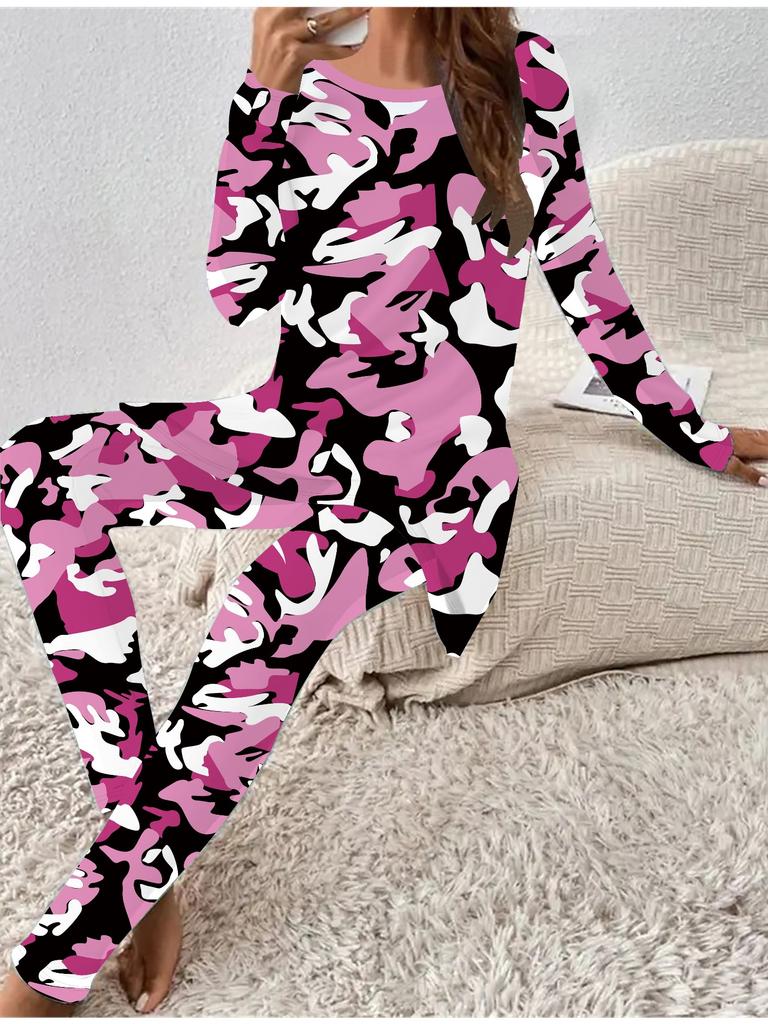 Moda Euro-Americana Stampa Leopardo 3D T-shirt a Maniche Lunghe da Donna + Pantaloni Lunghi Set Due Pezzi. Regalo perfetto