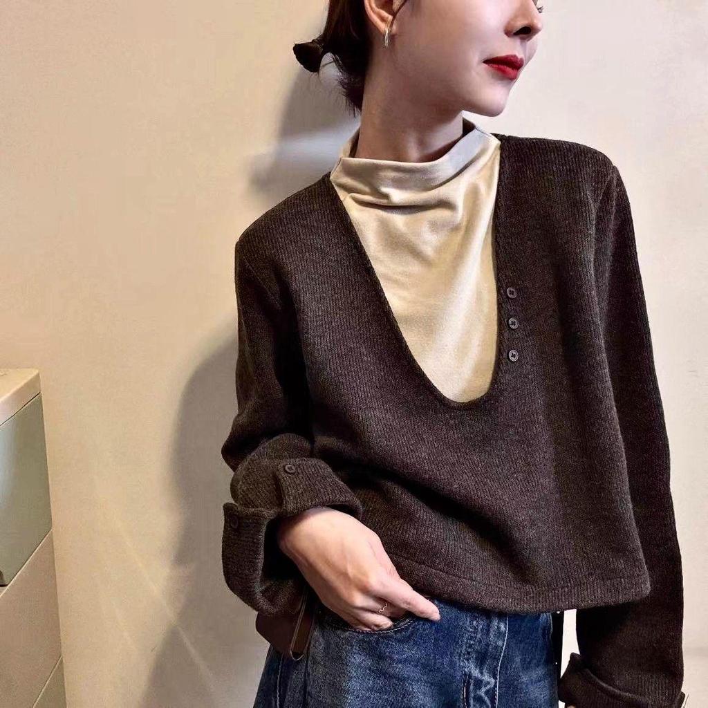 Plus Size Velvet Patchwork Vest Long Sleeve T-shirt - Autumn Women's Fake Two-Piece Korean Style Loose Slimming Top